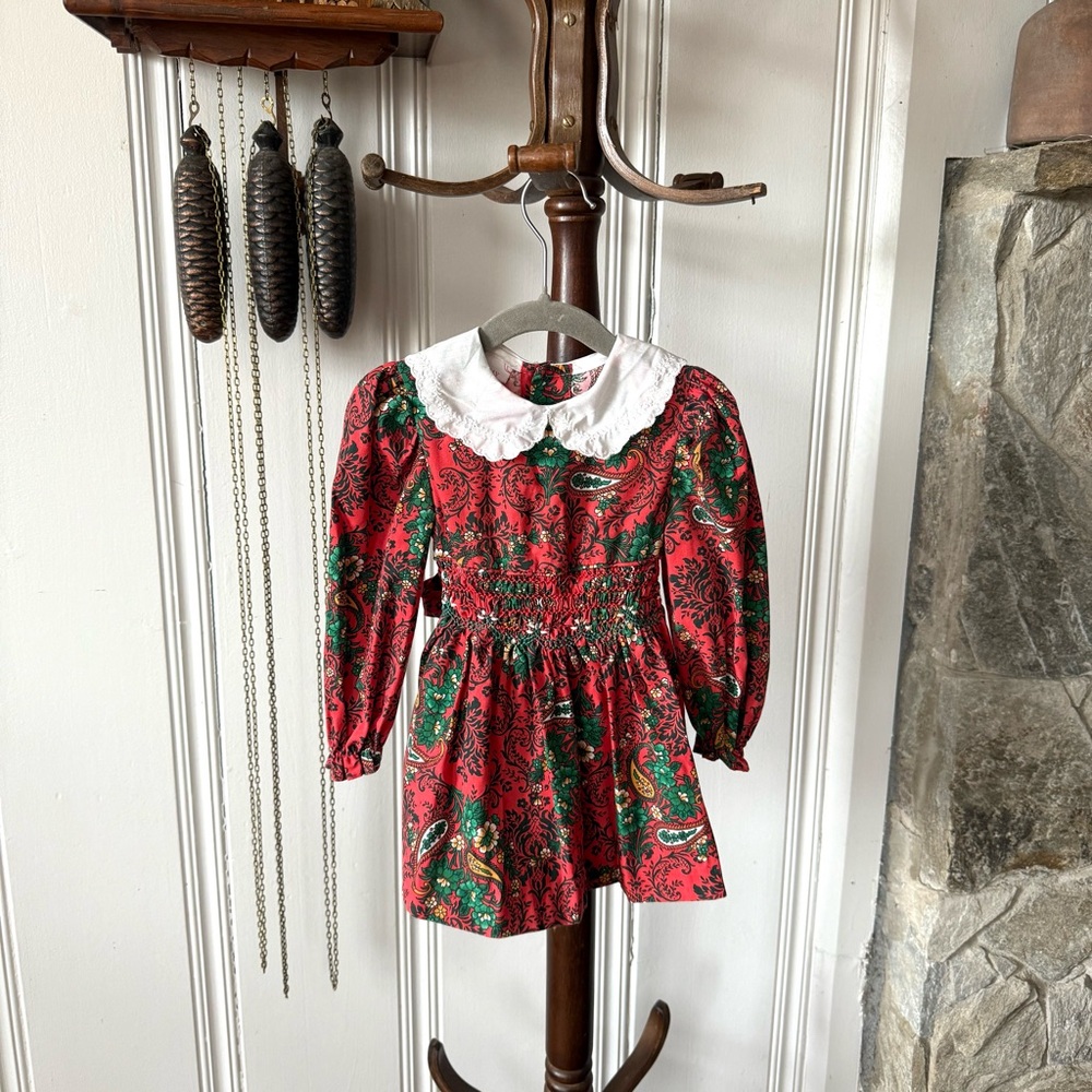 Vintage Polly Flinders Red Paisley Smocked Dress 2 years